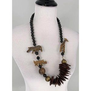 Vtg African Carved Wooden Beaded Natural Animal Zebra Giraffe Necklace